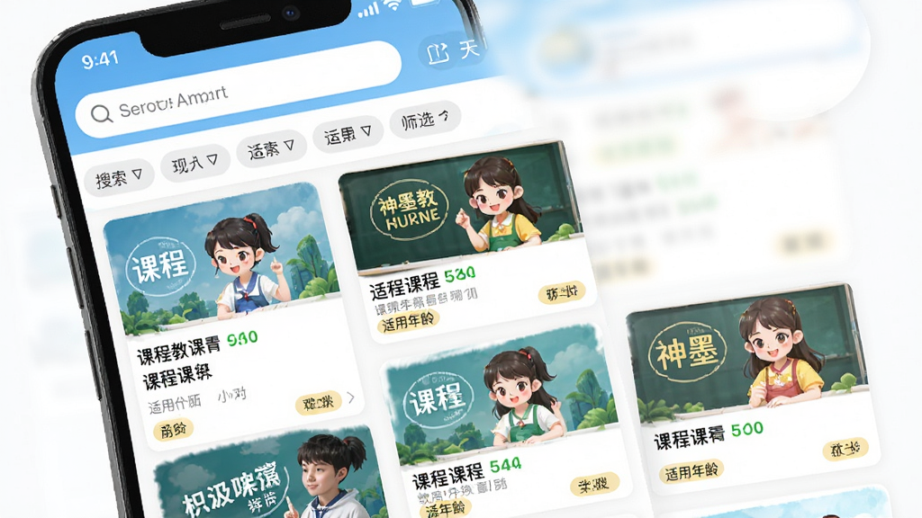 神墨教育App课程查询页面手机截图,主体为手机屏幕展示课程搜索和筛选界面,布局为顶部搜索框加筛选标签加下方课程卡片列表,排版清晰,风格为教育类App常用清新风格,细节包括课程封面图、课程名称、适用年龄标签,画质高清,干净,无多余元素