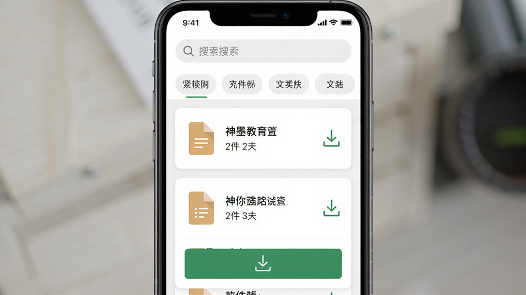 神墨教育App文件资料下载页面手机截图,主体为手机屏幕展示文件列表和下载按钮,布局为顶部搜索栏加文件分类标签加下方文件卡片,排版整齐,风格为办公类App简约风格,细节包括文件图标、文件名、文件大小和下载图标,画质高清,干净,无多余元素