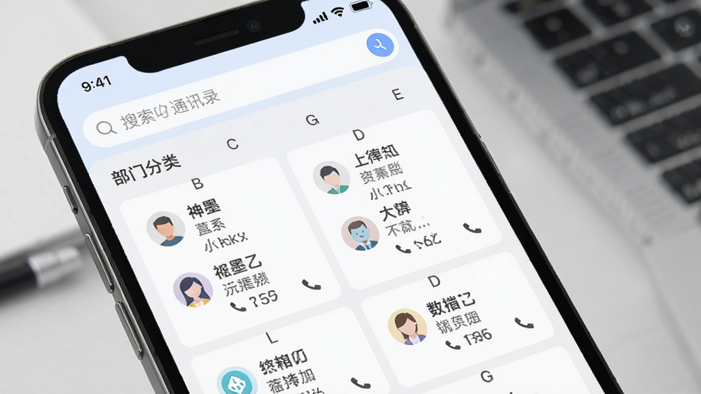 神墨教育App总部通讯录界面手机截图,主体为手机屏幕展示部门分类和联系人列表,布局为顶部搜索框加下方按字母排序的联系人卡片,排版整齐,风格为商务简约风,细节包括部门图标、姓名、职位和电话图标,画质高清,干净,无多余元素