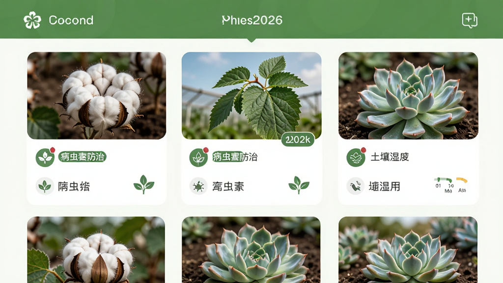 �ϸ�Ѽ��2026Ӧ�ý��棬����Ϊ�޻���ɣ��������ֲ�����ֲ����ͼ�Ŀ�Ƭ������Ϊ�ٲ�����Ϣ�����Ű��������������Ϊ������ɫũҵ�磬ϸ�ڰ���ֲ��ͼ�ꡢ���溦���α�ǩ������ʪ��ʾ�⣬���ʸ��壬�ɾ����޶���Ԫ��