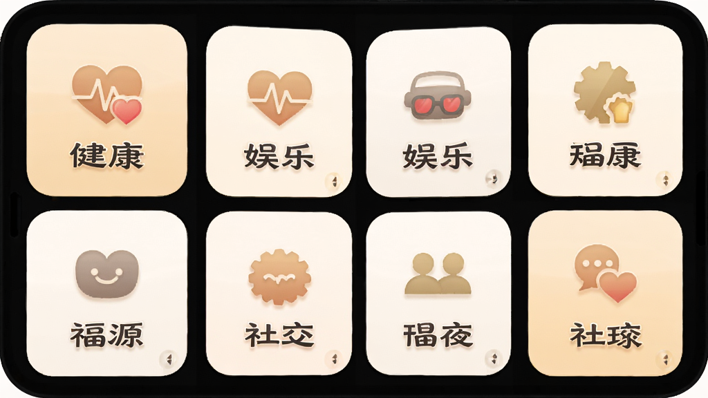 ����ԴAPP���ϻ���ƽ��棬����Ϊ�ֻ���Ļ��ʾ�������ͼ��Ĺ��ܲ˵�������Ϊ�������У��Ű��࣬�����ů��ͣ�ϸ�ڰ����������������֡����罻���ȴ�����ְ�ť�����ʸ��壬�ɾ����޶���Ԫ��