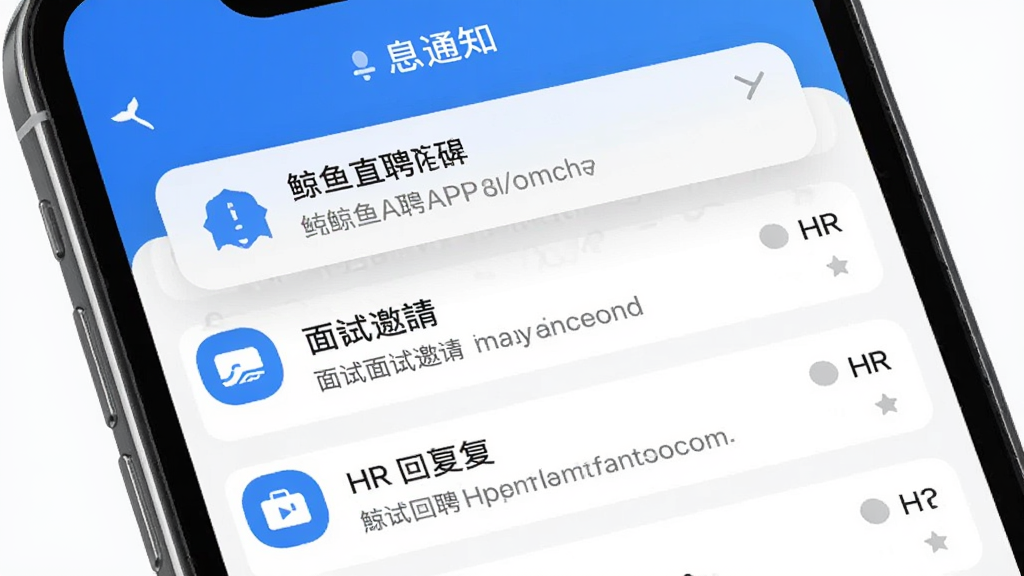����ֱƸAPP��Ϣ֪ͨ���棬�ֻ���Ļ��ʾ�������������HR�ظ���Ϣ��������֪ͨ���������ѣ������࣬ͼ����������ɫ�Ͱ�ɫ���䣬�ɾ�������Ԫ�أ����廭��