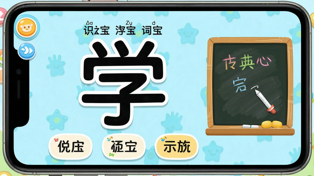 ����ʶ��ѧ�����������棬����չʾһ�����ĺ��֡�ѧ�����Ϸ���ƴ����ע���·��д���ʾ�����Ҳ���С�ڰ���д���򣬽���ɫ���������ã���ͨ����ʺ϶�ͯʹ�ã������������Ű����࣬���ʸ��壬�ɾ��޶���Ԫ��