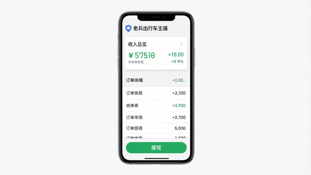 软件名称“老兵出行车主端”收入结算页面预览图,主体为手机屏幕展示账单明细和提现按钮,布局为上下结构上方为收入总览下方为订单列表,排版整齐,风格为简约商务风,细节包含绿色收入数字、白色卡片背景、清晰的分割线,画质高清,干净,无多余元素