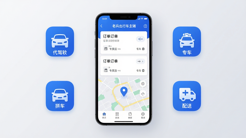 软件名称“老兵出行车主端”主界面展示,主体为手机屏幕中显示订单列表和地图定位,布局为居中放置手机,周围环绕代驾、专车、拼车、配送四个图标,排版简洁清晰,风格为现代科技感扁平化设计,细节包含蓝色主色调、图标圆角处理、背景为浅灰色渐变,画质高清,干净,无多余元素
