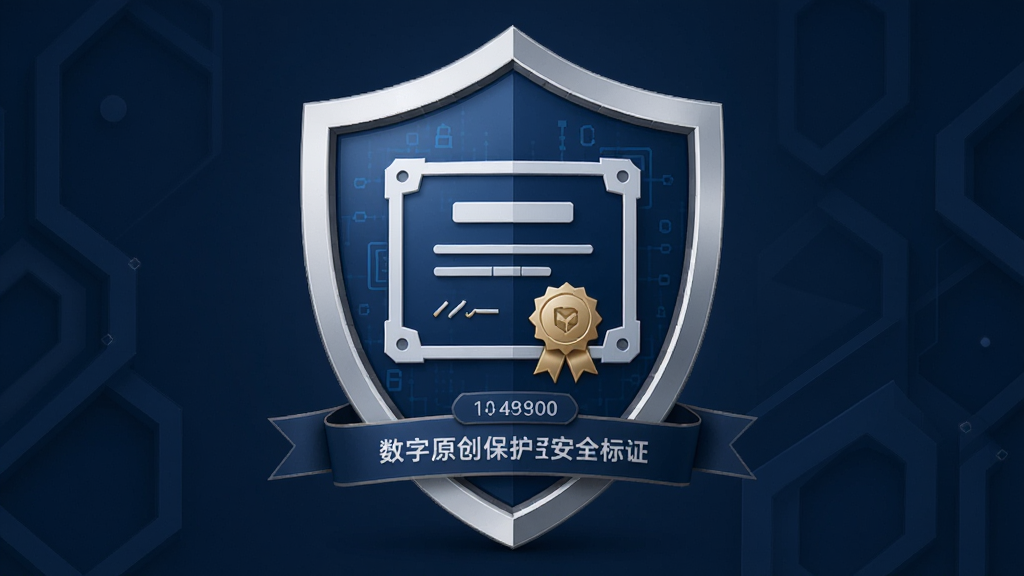 数字原创保护软件安全认证标识展示,主体为盾牌与数字证书图标组合,布局对称为主,排版庄重,风格为商务安全风,细节包含时间戳与签名验证元素,画质清晰,干净,无多余元素