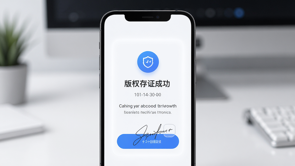 数字原创保护软件界面展示,主体为手机屏幕中显示版权存证成功页面,布局居中,排版简洁清晰,风格为现代科技感,细节包含时间戳图标与电子签名元素,画质高清,干净,无多余元素
