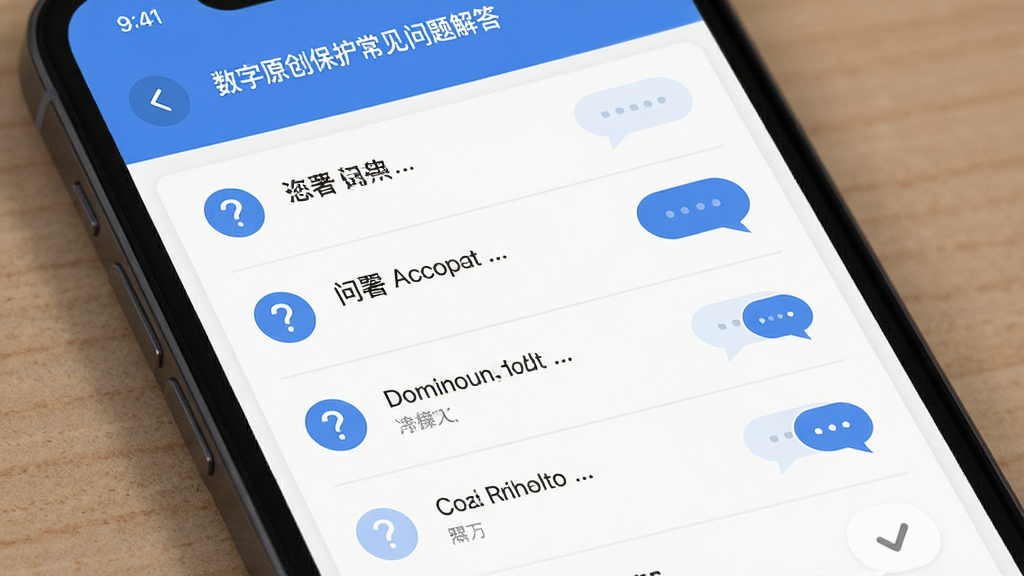 数字原创保护常见问题解答界面,主体为手机屏幕中显示问答列表,布局纵向排列,排版清晰,风格为简约实用风,细节包含问号图标与对话气泡元素,画质高清,干净,无多余元素