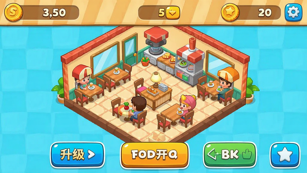 Mini Restaurant: Food Tycoon �ֻ���Ϸ��ͼ��չʾ������Ӫ���棬������ʾ����������м��ǲ���ȫ�����·���������ť����ͨ�ɰ����ɫ���������Ű����࣬�����������޶���Ԫ��
