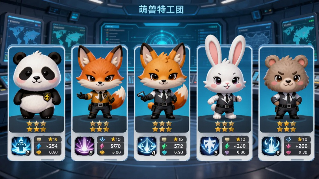 �����ع�����Ϸ��ɫչʾ���棬�����������ж�ֻ��ϵ�����ع���ɫ��������è�����ꡢ���ӵȣ�ÿ����ɫ�·���ʾ�ȼ����Ǽ���ʶ������Ϊ�Ƽ���ָ�����ģ�����Ϊ�����ɫ��Ƭ�б������Ϊ��ͨQ�棬ϸ�ڰ�����ɫ����ͼ����������ֵ�������������ɾ����޶���Ԫ��
