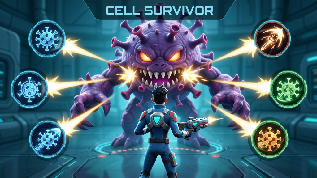 Cell Survivor ��Ϸ�����棬������ʾ��ɫ�ֳֿ�����������Ծ��Ͳ���Boss�����ܻ�����������뼼��ͼ�꣬�ƻ�ҽ�Ʒ��ɫ�������������������ɾ��޶���Ԫ��