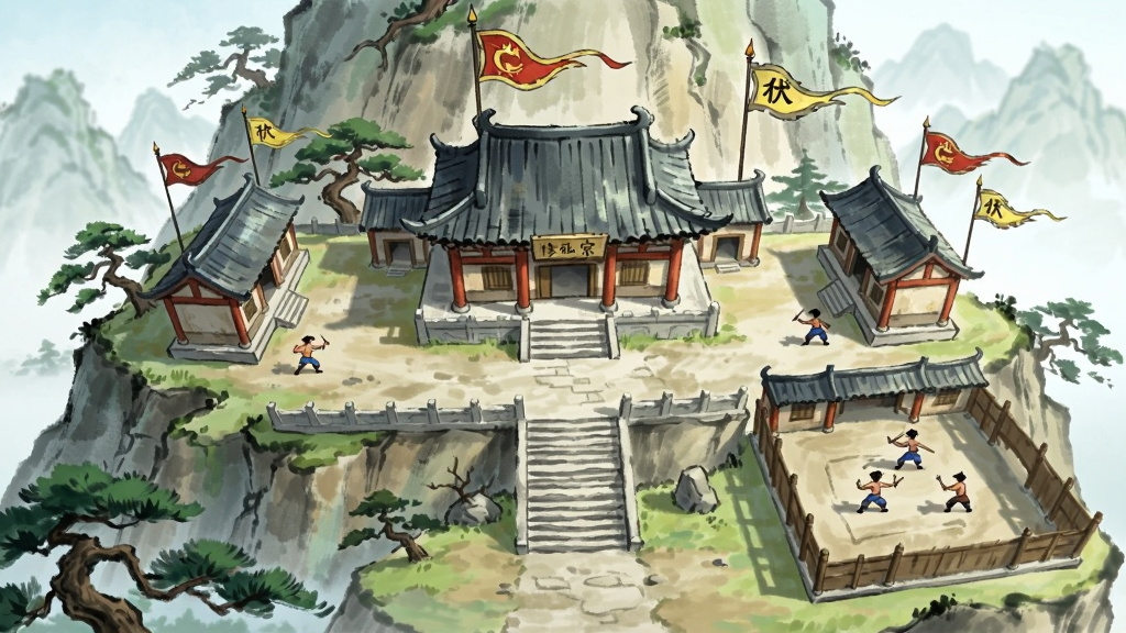 砍柴娃修仙宗门场景插画,主体为一座建在山腰的古风宗门建筑群,布局为远景俯视视角,排版中宗门大殿位于画面中央两侧为弟子房舍与演武场,风格为淡彩国风,细节包括飘扬的宗门旗帜、练功的弟子身影、石阶与松树,画质干净清晰无多余元素