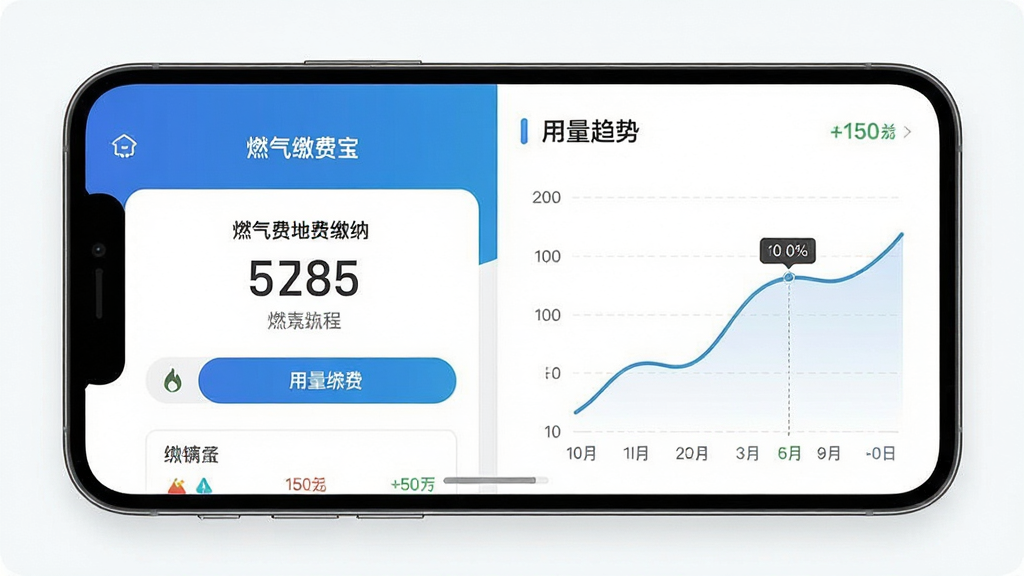 燃气缴费宝应用界面展示,主体为手机屏幕显示缴费页面和用量记录列表,布局为左右分栏,左侧展示燃气费缴纳界面,右侧展示用量趋势图表,排版整洁清晰,风格为现代简约扁平化设计,细节包括图标、数字、曲线图,画质高清,干净,无多余元素