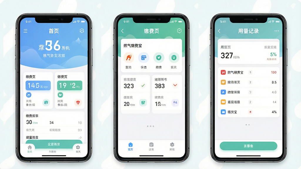 燃气缴费宝功能展示图,主体为手机应用多页面拼图,布局为三屏并排展示首页、缴费页、用量记录页,排版整齐,风格为清新浅色系UI设计,细节包括按钮、图标、数据卡片,画质清晰,干净,无多余元素