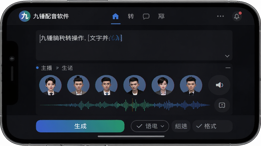 九锤配音软件界面截图,主体为手机屏幕展示文字转语音操作页面,布局为顶部软件名称和功能导航栏,中部为文字输入框和主播选择区,底部为生成按钮和格式选项,排版清晰简洁,风格为现代科技感UI设计,细节包含多种AI主播头像和语音波形图,画质高清,干净,无多余元素