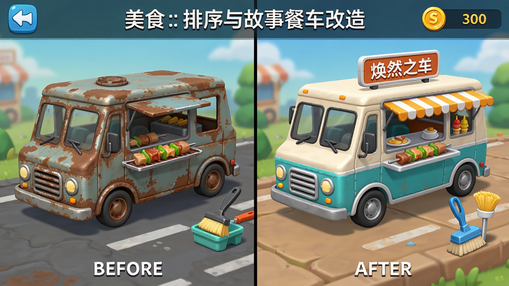美食:排序与故事餐车改造界面,画面展示旧餐车翻新前后的对比,布局为左右分栏,左侧锈迹斑斑,右侧焕然一新,风格为休闲游戏UI,细节包括烤串、清洁工具、金币数量,画质高清,干净,无多余元素