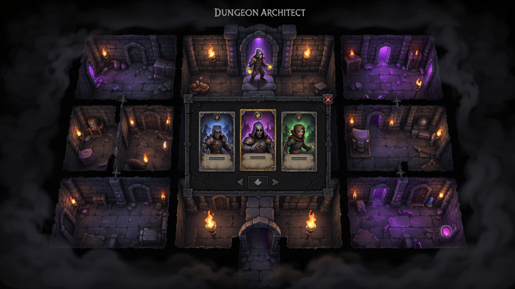Dungeon Architect: Rogue RPG ��Ϸ�����棬������÷�񣬵��η��俨��ƴ�Ӳ��֣���ɫվ�ڵ�����ڣ����������п���ѡ����棬�����������ͻ�ѣ�����ɫ����������ɫ���Σ�ϸ�ڷḻ�������������ɾ��޶���Ԫ��
