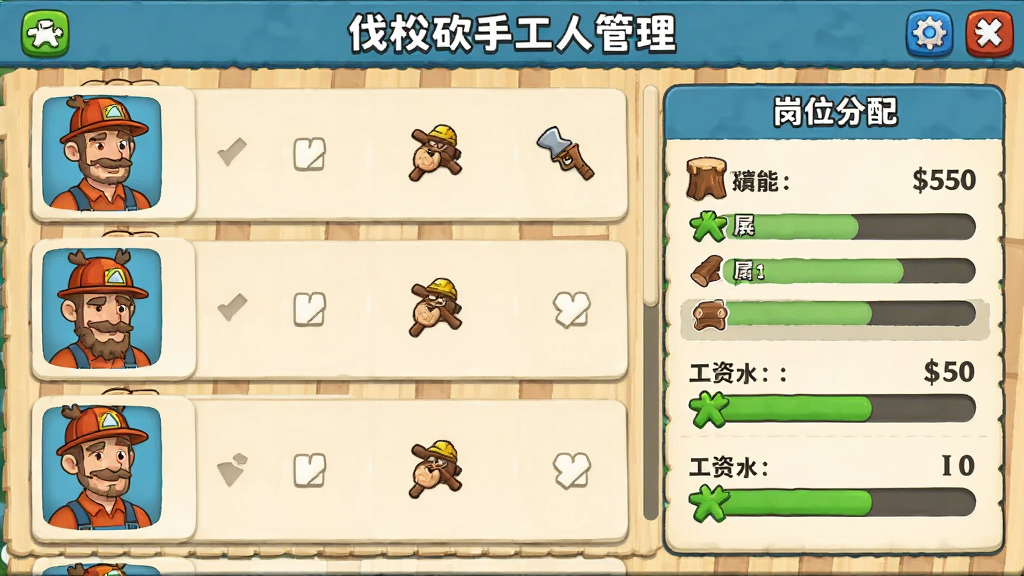 伐木工砍手工人管理界面,主体是卡通风格的工人列表和岗位分配面板,布局为左侧工人头像卡片、右侧技能属性和工资数值,排版整齐,风格为休闲模拟经营游戏UI,细节有工人动作小图标和效率进度条,画质清晰干净,无多余元素。