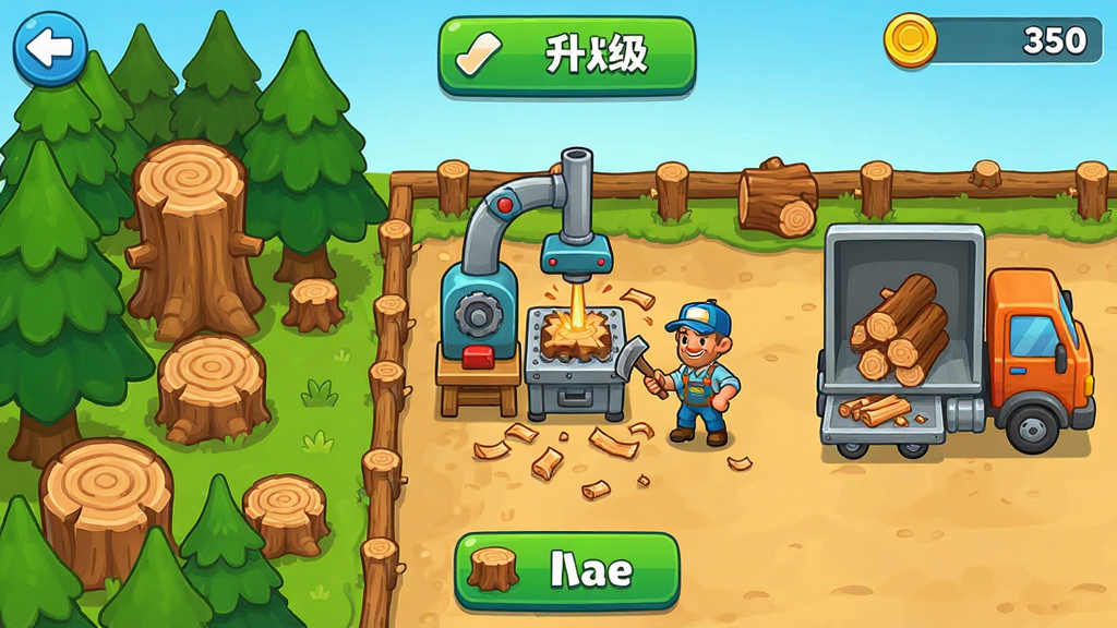 伐木工砍手游戏界面截图,主体是卡通风格的伐木场,布局包含左侧森林区域、中部加工设备和右侧卡车装载区,排版清晰展示升级按钮和金币数量,风格为明亮休闲游戏UI,细节有树木年轮、木屑飞溅和工人小人动画,画质高清干净,无多余元素。