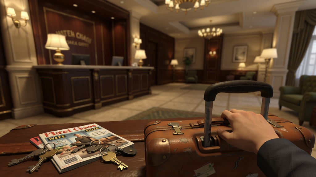 Hotel Chaos��Ϸ��һ�˳��ӽ������Ƶ���ã�������������������䣬ǰ����ɢ���Կ�׺���־�����������ŵ�ǰ̨����͵ƹ⣬3Dдʵ���ϸ�ڷḻ�����������ɾ����޶���Ԫ��