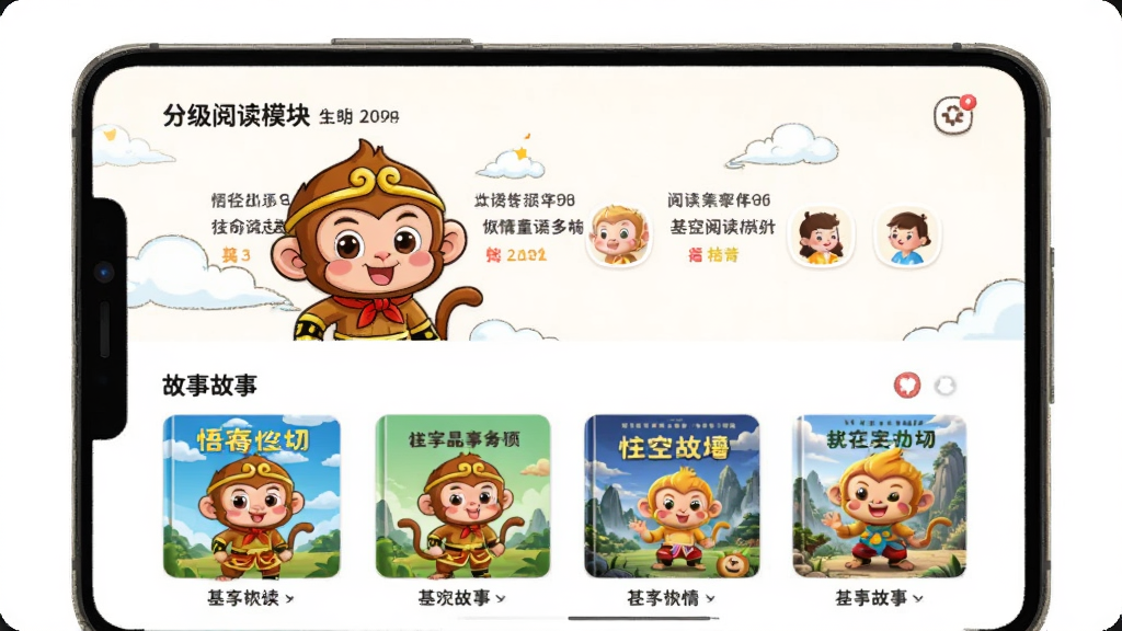 ����Ķ���������չʾ������Ϊ��ͨ���Ķ�ͯ�Ķ�APP��ҳ����������չʾ�ּ��Ķ�ģ��͹��·��棬�Ű��������򣬷����ÿɰ���ϸ�ڰ����ɰ����������Ͳ�ɫ����ͼ�꣬���ʸ���ɾ��޶���Ԫ��