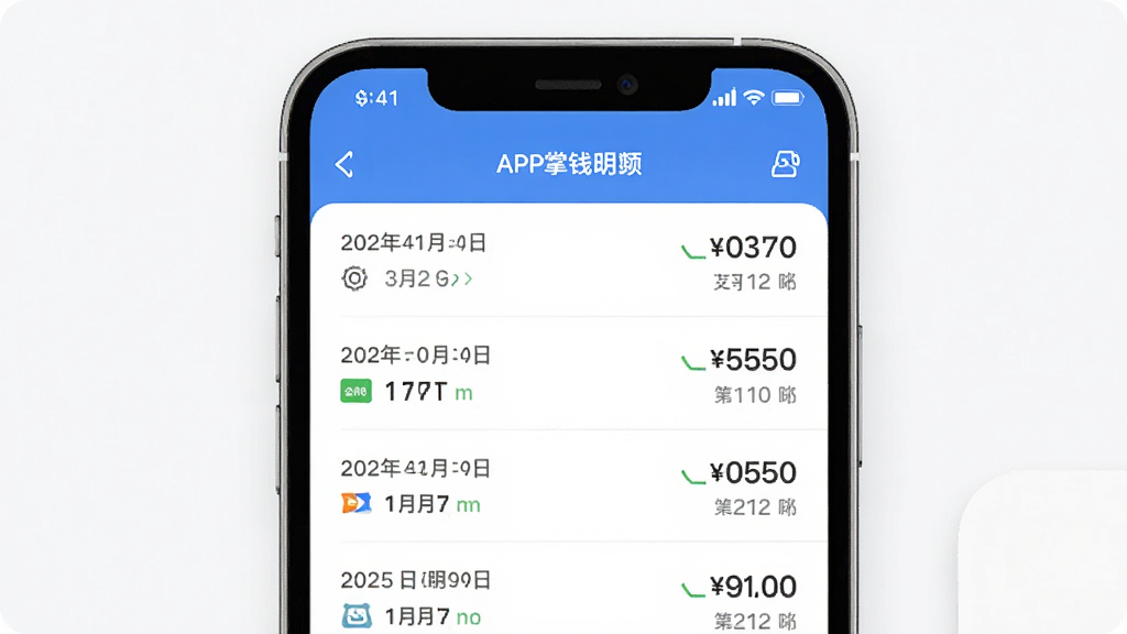 ����ǮAPP�տ���ϸҳ�棬����Ϊ�ֻ���Ļ��ʾ�����б�������Ϊ�������У��Ű����룬���Ϊ���¼�Լ�磬ϸ�ڰ������ڡ���֧����ʽͼ�꣬���������ɾ��޶���Ԫ��