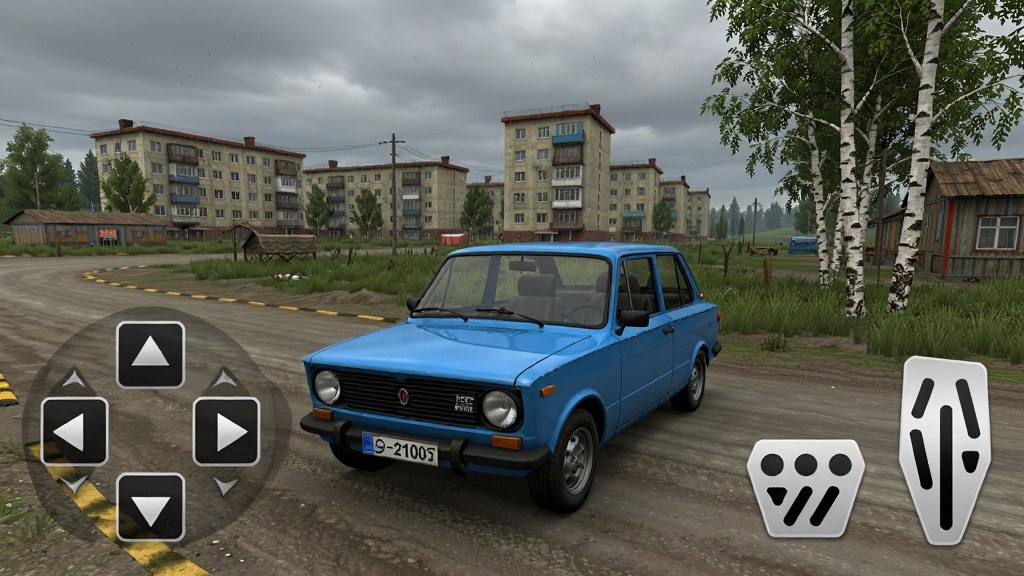 ����˹�����������Ϸ�������ͼ��������һ��VAZ-2107ͣ�������·�ߣ�����Ϊ����ֻ���Ļ�������Ű������ʾ���ⷽ����Ҳ���ʾ����ɲ�������дʵ3D��Ⱦ��ϸ�ڰ���Զ��������¥����������������գ����ʸ���ɾ��޶���Ԫ��