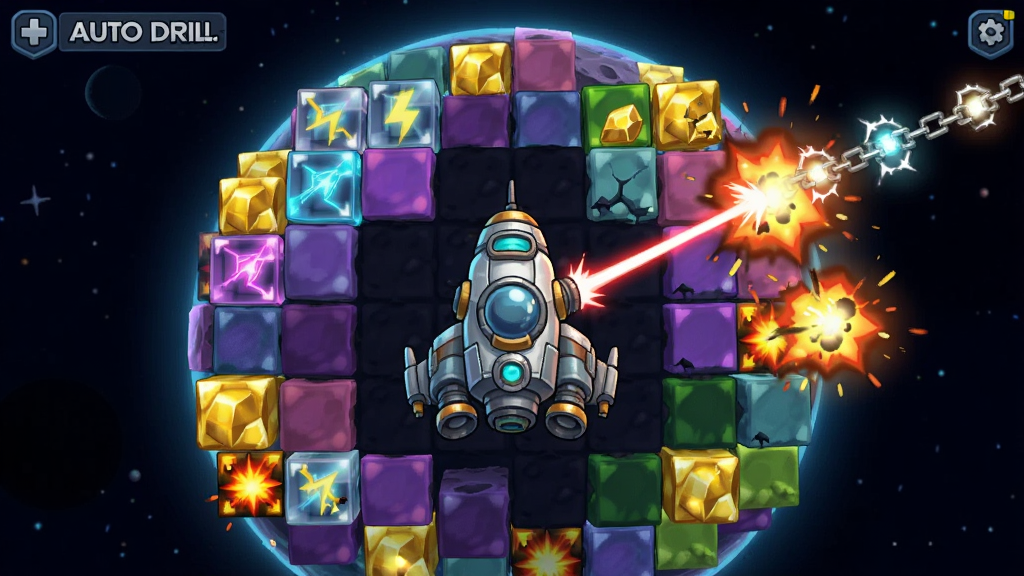 Auto Drill: Galaxy ��Ϸ���棬������һ���Զ��ɿ�ɴ������ɲ�ɫ���鹹�ɵ����򣬷ɴ����伤��ݻٷ��飬����Ϊ���зɴ��������Ű�Ϊ�����Ϸ��ͼ��񣬷��Ϊ�ƻÿ�ͨ��ϸ�ڰ�����顢�������顢�ױ������������ը��Ч�����������ɾ��޶���Ԫ��