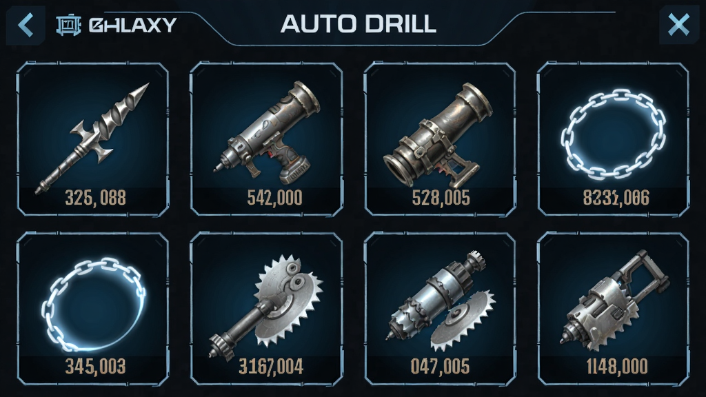 Auto Drill: Galaxy �����������棬������ʮ������ͼ�����У�����Ϊ����չʾ���Ű�Ϊ��Ϸ�����˵������Ϊ�ƻ�UI��ϸ�ڰ�����ͷ��ì���Ȼ��ڡ��������������˺��������֣����������ɾ��޶���Ԫ��