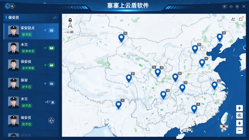 塞上云盾软件界面展示,主体为一张城市地图上分布着多个保安驻勤点标记,布局左侧为保安员列表右侧为大地图,排版清晰整洁,风格为科技蓝商务风,细节包含点位图标、人员头像与状态标签,画质高清干净无多余元素