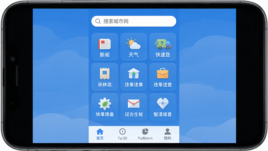 乐清城市网应用主界面,蓝色调设计,顶部搜索栏,中部功能图标九宫格布局,包含新闻、天气、快递、违章等图标,底部导航栏,简洁扁平化风格,高清画质,干净无多余元素
