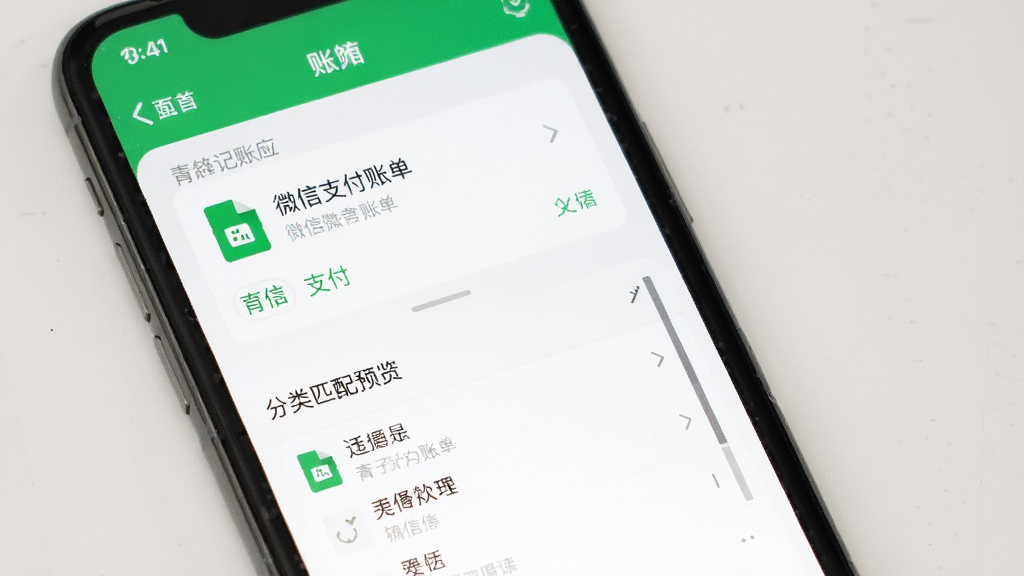 青子记账应用内账单导入界面,手机屏幕显示选择微信支付账单文件,下方有分类匹配预览列表,界面风格简约清爽,画质清晰,无多余元素