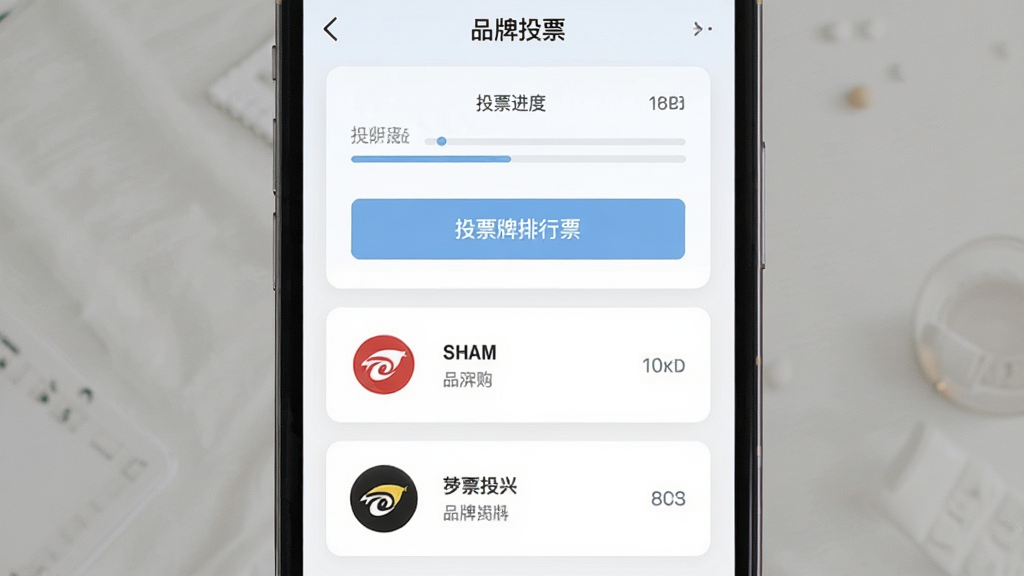 ��ʮ��Ʒ�����а�Ʒ��ͶƱҳ�棬����Ϊ�ֻ�����չʾͶƱ��ť��Ʒ���б�������Ϊ�������п�Ƭʽ���Ű��������������ǳɫ��ϸ�ڰ���ͶƱ��������Ʒ��ͼ�꣬���ʸɾ������޶���Ԫ��