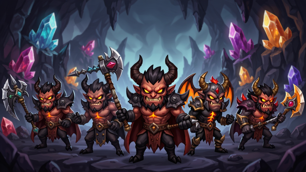 游戏宣传图,主体为进击的恶魔团魔石狂潮游戏中的恶魔英雄角色,布局为英雄角色排列在魔石矿山前,排版为横版海报风格,风格为暗黑奇幻卡通,细节为恶魔英雄各具特色手持武器,背景有发光的魔石矿山,画质高清,干净,无多余元素