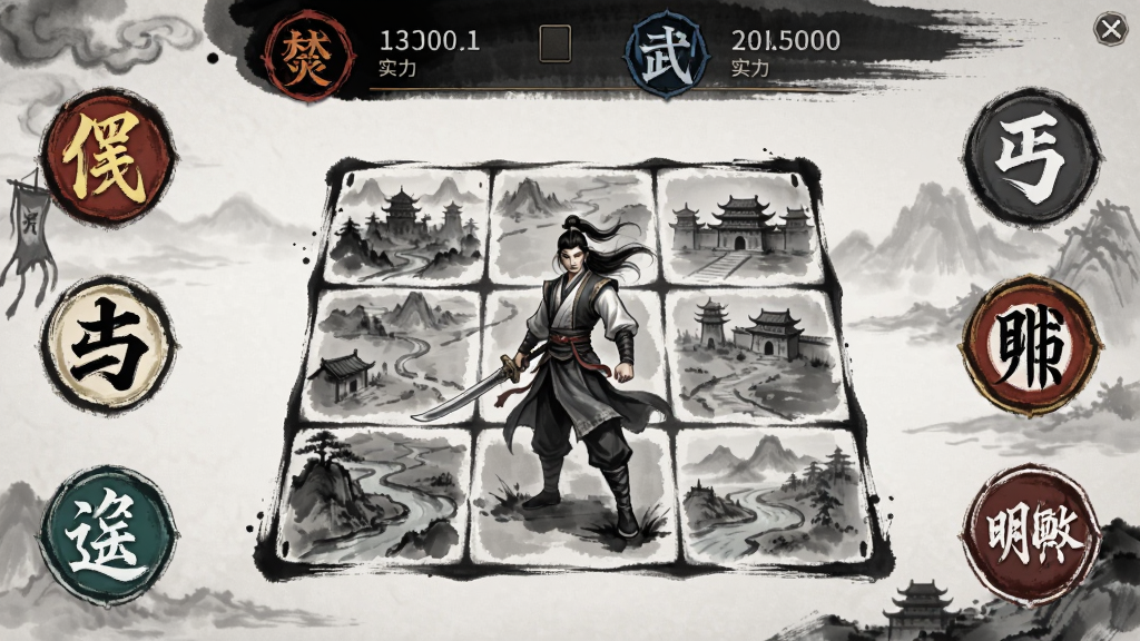 武侠风云游戏主界面,主体为古代武侠风格的角色站在九宫格地图中央,布局采用居中构图,排版上方显示门派标志和实力数值,风格为中国风水墨武侠,细节包含少林武当丐帮逍遥明教五派徽章环绕四周,画质高清干净无多余元素