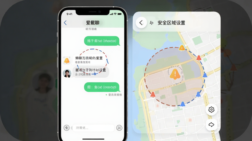 爱戴微聊与安全区域设置界面,主体为手机屏幕显示聊天窗口和地图围栏,布局左右分栏,排版清晰,风格为柔和圆角,细节包含消息气泡、区域圆圈、提醒图标,画质清晰,干净,无多余元素