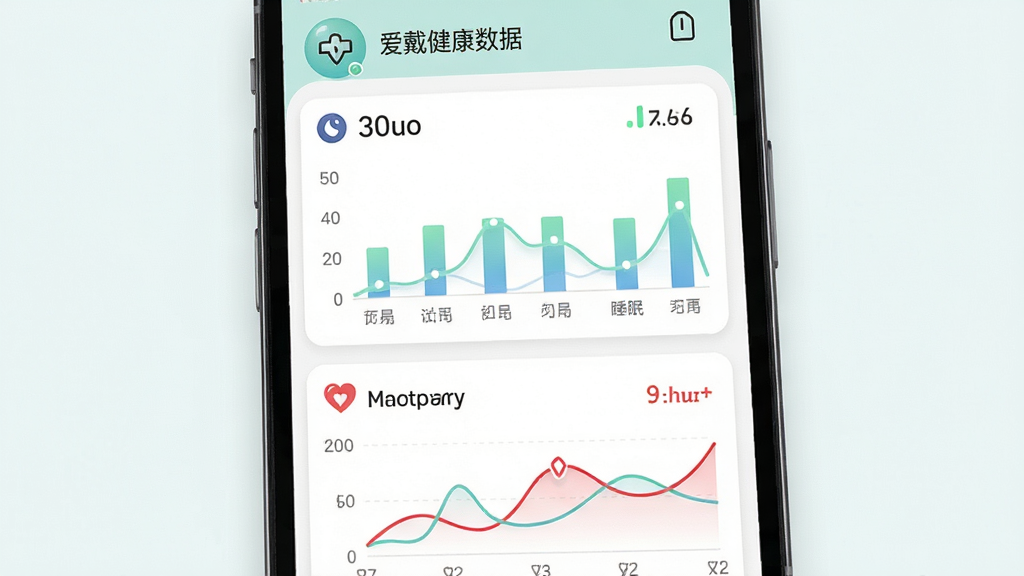 爱戴健康数据页面,主体为手机屏幕显示计步、睡眠、心率图表,布局上下排列,排版整齐,风格为清新浅色,细节包含数字统计、柱状图、折线图,画质清晰,干净,无多余元素