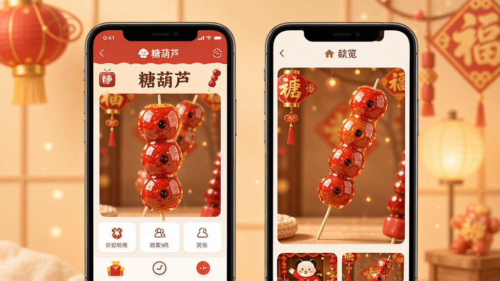 һ����Ϊ�Ǻ�«���ֻ�Ӧ�ý���չʾ������Ϊ�ֻ���Ļ���沼�֣���Ļ����ʾ�Ǻ�«�����̳�ҳ��ͱ�ֽ���ҳ�棬�Ű������������ܰϲ�죬ϸ�ڰ�����ɫ�Ǻ�«��ͼ���ůɫ���������ʸ��壬�ɾ����޶���Ԫ��