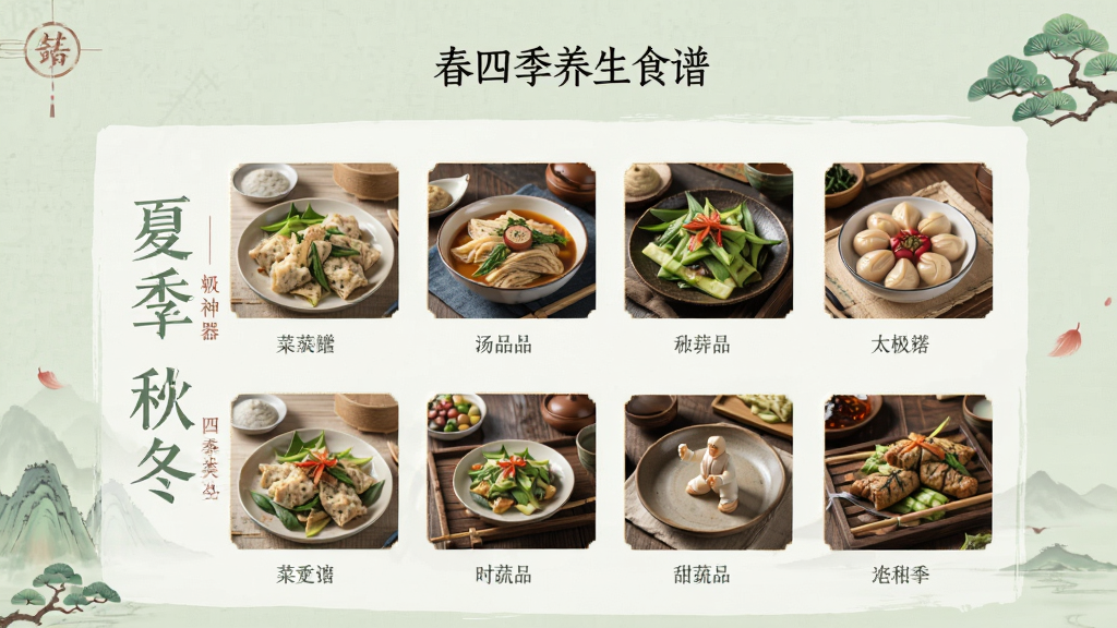 太极神器应用内四季养生食谱页面展示春夏季秋冬分类菜谱,汤品时蔬甜品图文排列,国风简约风格,浅绿色背景,干净整洁,高清画质