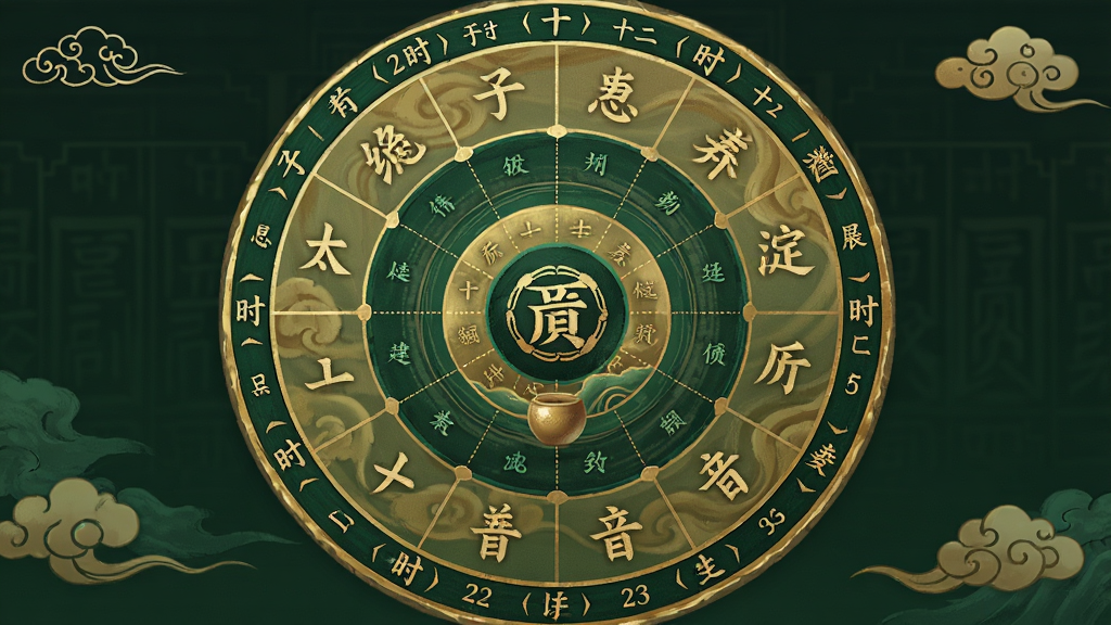 太极神器应用内十二时辰养生圆盘界面展示子时到亥时经络信息,国风设计,圆形表盘布局,绿色与金色配色,高清画质,干净无多余元素
