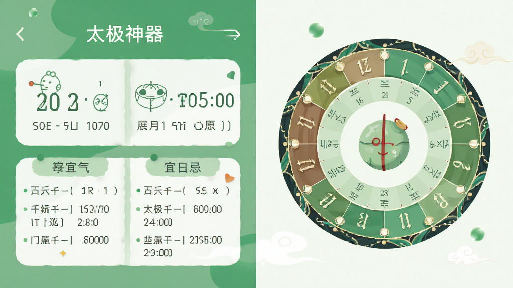 太极神器应用首页展示农历日期干支节气与每日宜忌信息,国风圆盘十二时辰养生表,清新绿色调,扁平化设计风格,画面干净无多余元素,高清画质