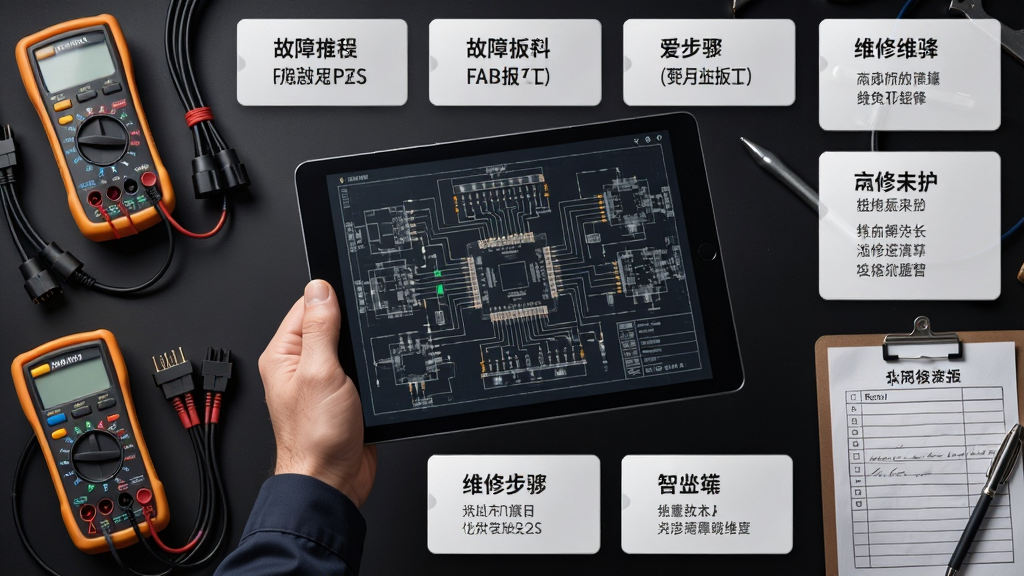 软件名称爱扳手,主体为维修技师手持平板查看电路图,布局为中央大图展示平板屏幕内容,周围环绕故障码标签与维修步骤卡片,排版采用网格化信息模块,风格为写实工业风与暗色背景,细节包含万用表、线束插头、维修记录单,画质高清干净无多余元素