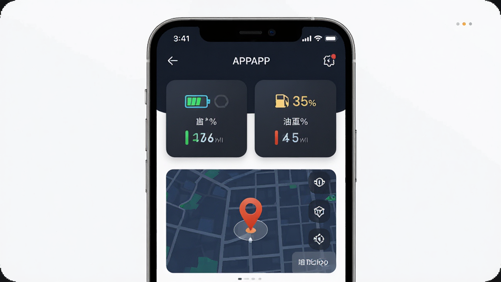 ����APP������չʾԶ�̳�����ѯ�ͳ�����λ���ܣ��ֻ���Ļ��ʾĦ�г�״̬��Ƭ�͵�ͼ��λ��ǣ�������У����ּ���������Ű�������½ṹ�����Ϊ�ִ��Ƽ���UI��ƣ�ϸ�ڰ�������ͼ�ꡢ�����ٷֱȡ���ͼ��λ�룬���ʸ��壬�ɾ����޶���Ԫ��