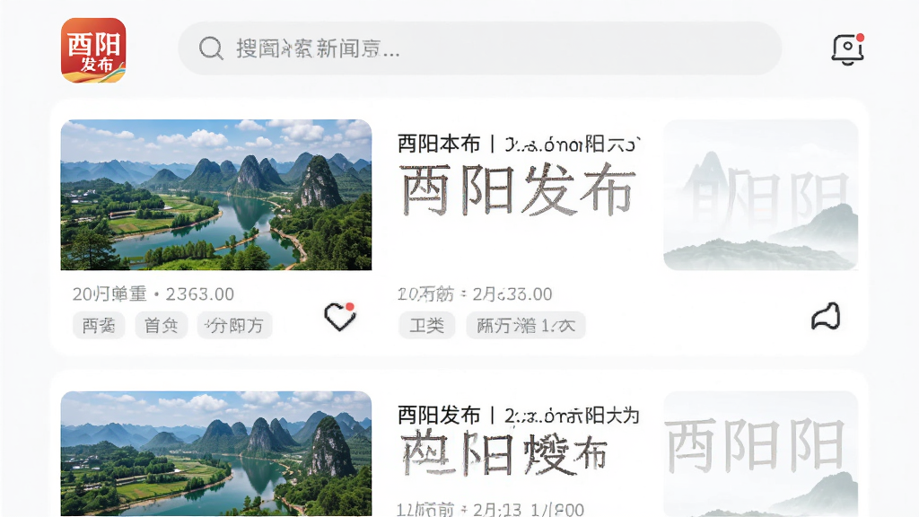 一款手机新闻资讯应用界面,主体为酉阳发布应用图标和首页新闻列表,布局为上下结构上方搜索栏下方卡片式新闻流,排版整洁有序,风格现代简约,细节包含酉阳本地风景缩略图、时间戳和分类标签,画质清晰干净无多余元素
