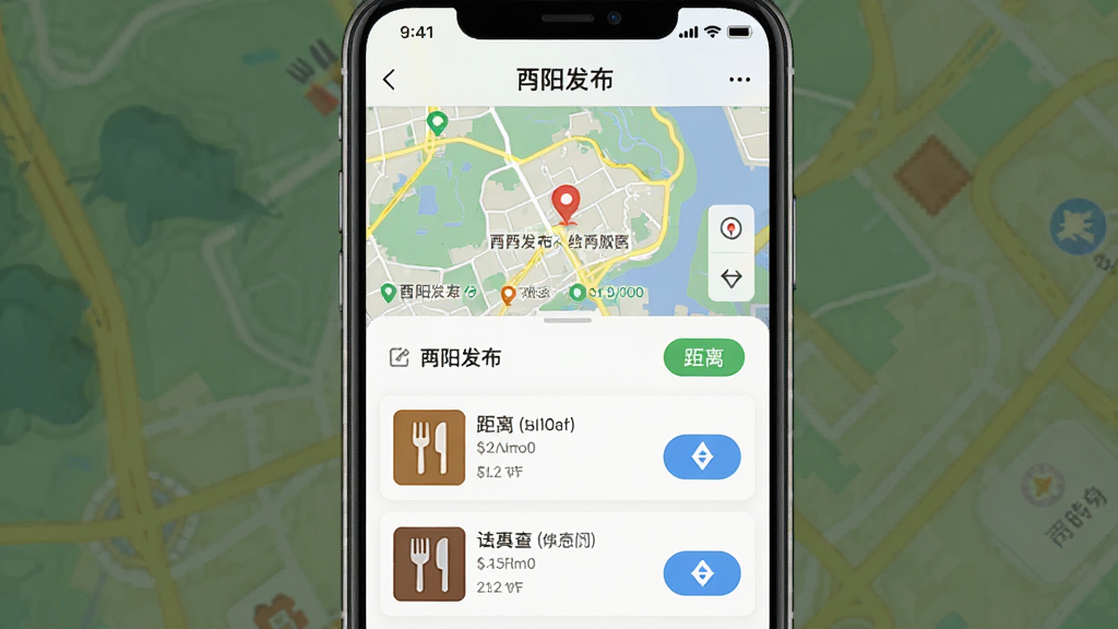 手机地图周边查询功能界面,主体为酉阳发布应用内周边服务页面,布局为顶部地图展示下方商户列表,排版清晰直观,风格清新明亮,细节包含餐饮图标、距离标注和导航按钮,画质高清干净无杂乱元素