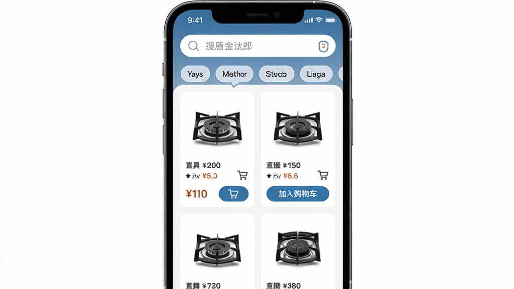 �жܽ��App����չʾ������Ϊ�ֻ���Ļ����ʾ����Դ���ȼ���̳��б�������Ϊ�Ϸ�������������ǩ���·���Ʒ��Ƭ�������룬�Ű�������࣬���Ϊ�ִ������ƽ����ϸ�ڰ������ͼƬ���۸��ǩ�����빺�ﳵ��ť�����ʸ���ɾ��޶���Ԫ��