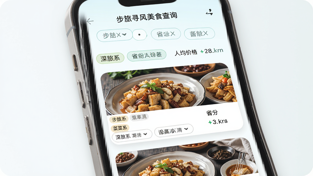 ����Ѱ����ʳ��ѯҳ�棬����Ϊ�ֻ���Ļչʾ��ʳ��Ƭ��ɸѡ��ǩ������Ϊ����ɸѡ���в���ʳ�б����Ű������׶������Ϊ����ǳɫϵ��ϸ�ڰ�����ϵ��ǩ��ʡ��ѡ���˾��۸񣬻��ʸ���ɾ��޶���Ԫ��