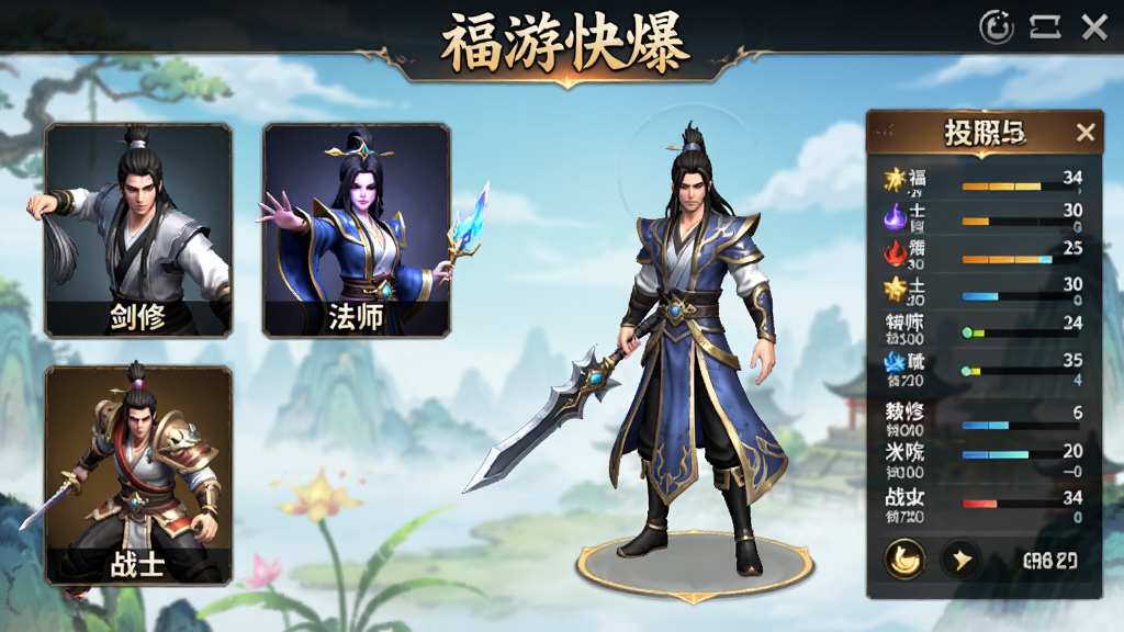 ���ο챬��Ϸ��ɫѡ������ͼ������չʾ��������ɫ����ҳ�棬����г����ޡ���ʦ��սʿ��ְҵ���Ҳ���ʾ��ɫ3Dģ����������壬��������