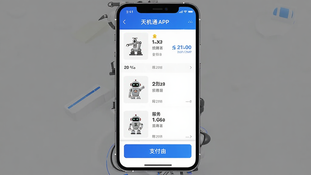 天机通APP商品下单页面截图,主体为手机屏幕展示机器人商品列表和下单按钮,布局为居中手机模型,排版简洁,风格为科技蓝色调,细节包含工业机器人、服务机器人图标和支付按钮,画质清晰干净无多余元素