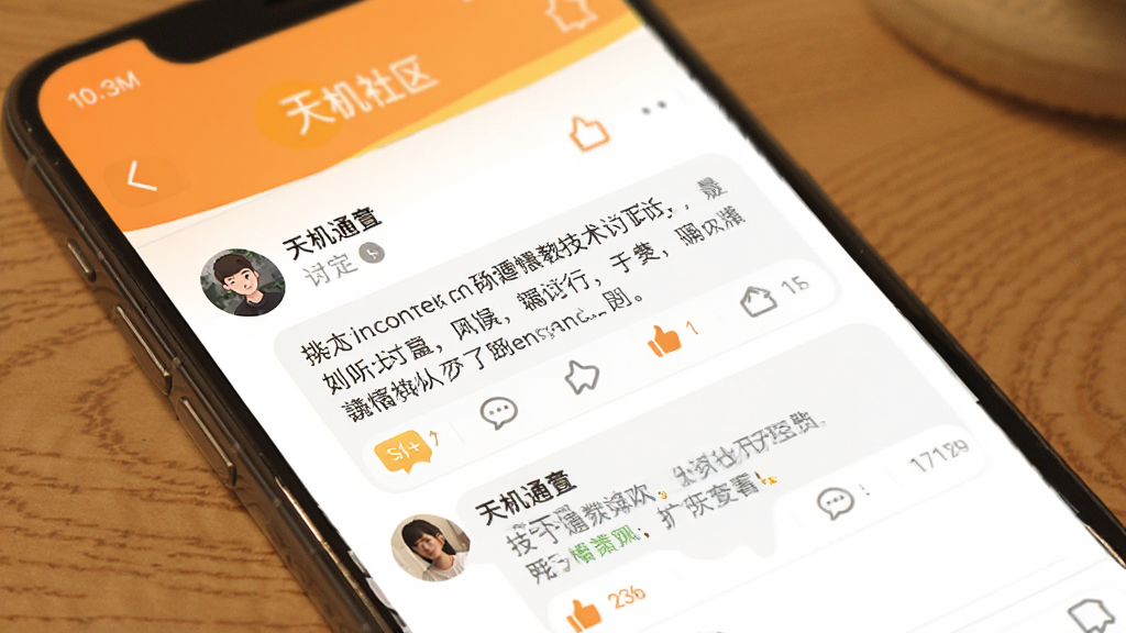 天机通APP天机社区互动界面,主体为手机屏幕展示社区帖子和评论,布局为手机正面展示,排版清晰,风格为社交互动暖色调,细节包含用户头像、技术讨论文字和点赞图标,画质干净无多余元素